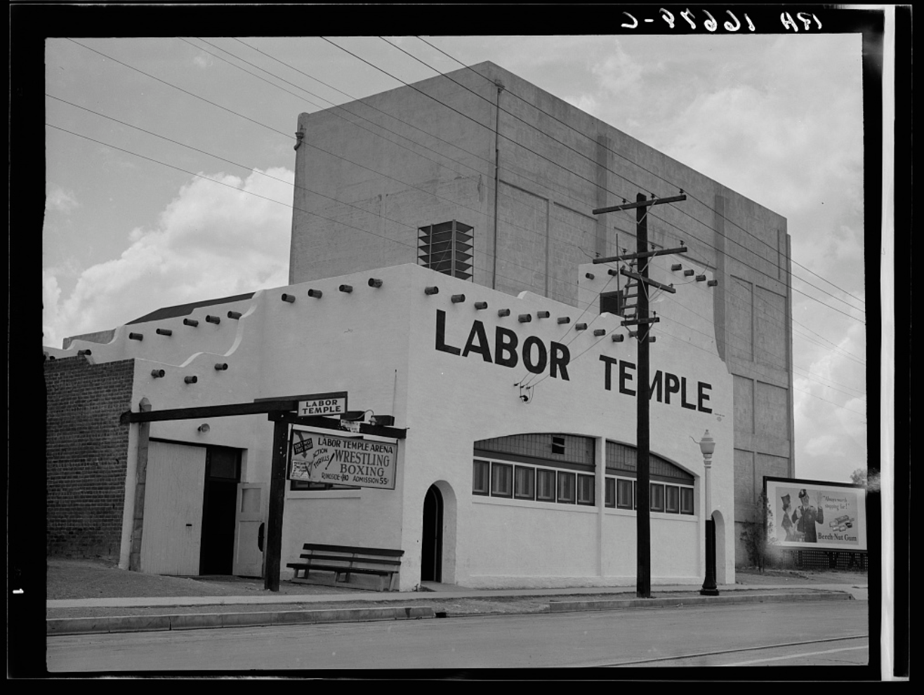 Film photograph of the Labor Temple building taken by Dorothea Lange in 1937 (Photo Credit: Library of Congress)